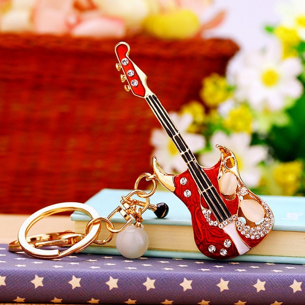 Red Guitar Crystal Diamante Rhinestone Bag Charms Handbag Keyrings Pendant Key Chain