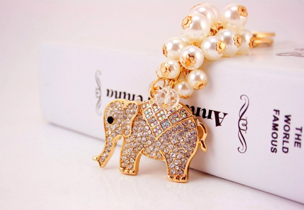 Pearl Elephant Animal Shaped Diamante Rhinestone Bag Charms Handbag Keyrings Pendant Key Chain