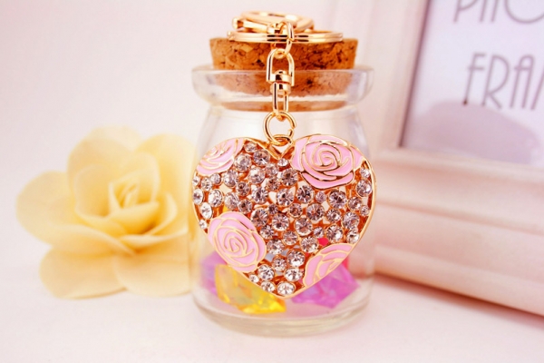 Love Heart With Pink Roses Crystal Diamante Bag Charms Handbag Keyrings Pendant