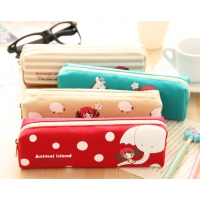Cute Girl and Animals Elephant Giraff Sheep Polar Bear Canvas Pencil Case