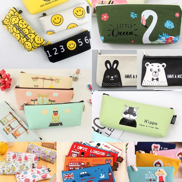 Cute Animals Fruits Emoji Pattern Canvas Fabric Pencil Case Makeup Bag Pen Pouch