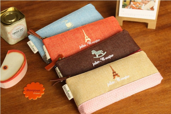 Coffee Rocking Horse Paris Eiffel Tower Canvas Cute Pencil Cases Cosmetics Make Up Bags Pen Pouches