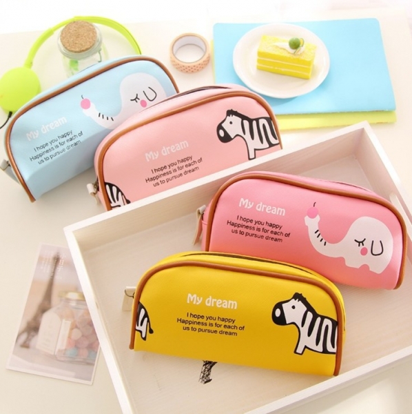 Safari Animals Elephant Zebra Cute Girls Soft PU Leather Pencil Case Makeup Bag