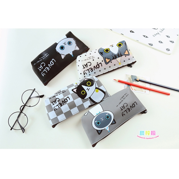 Black White Cat Cute Pencil Cases Cosmetics Makeup Bags Pen Pouches