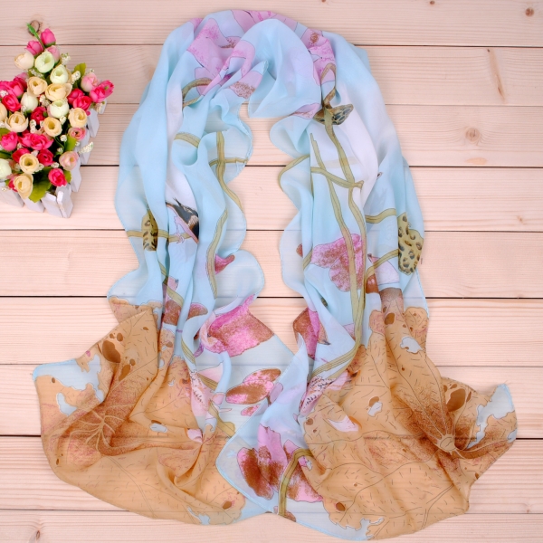 160 50cm Birds And Lotus Flowers Print Floral X019 Fashion Ladies Scarves Chiffon Scarf Womens Shawl