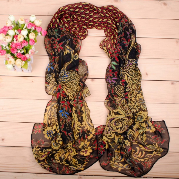 Indian Style Peacock Flowers Fashion Ladies Scarves Chiffon Scarf Womens Shawls