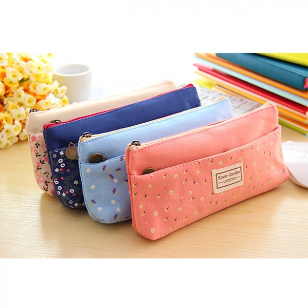 Girls Cute Floral Flowers Fabric Pencil Case Stationery Cosmetic Make Up Bag