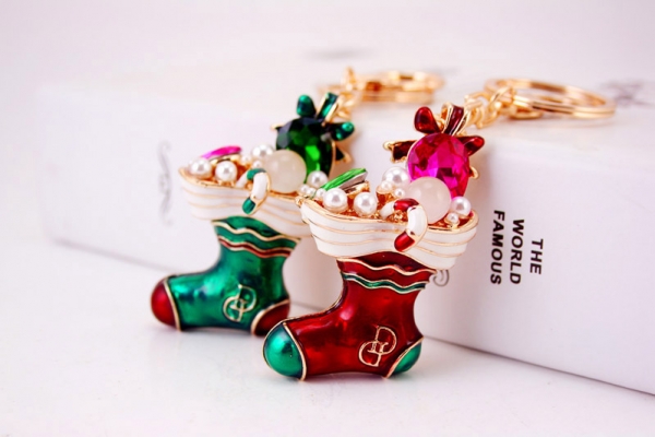Christmas Stocking Socks Shaped Crystal Diamante Rhinestone Bag Charms Handbag Keyrings Pendant