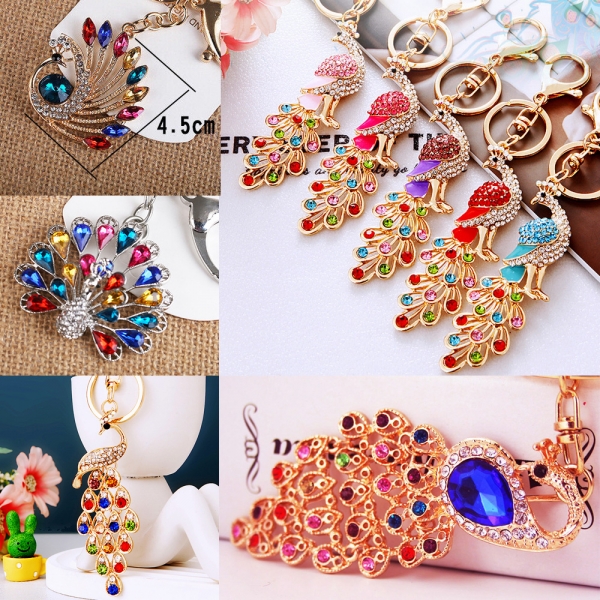 Colourful Peacock Animals Crystal Diamante Bag Charms Handbag Keyrings Pendant