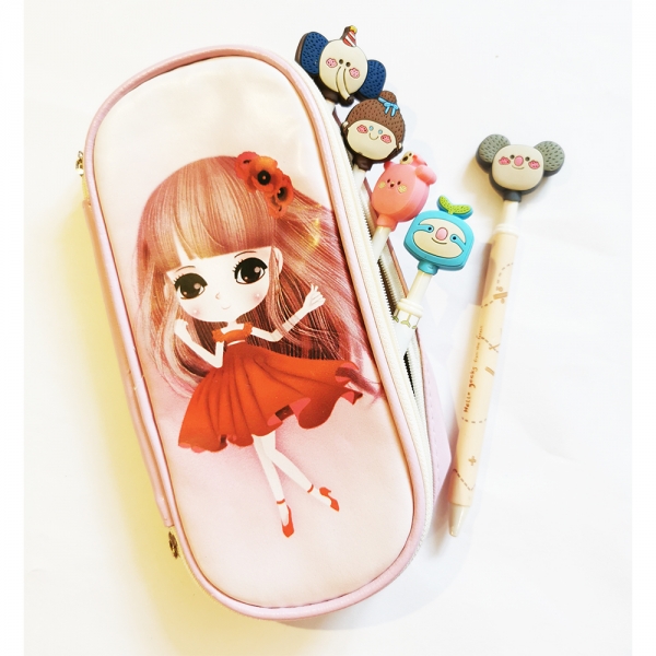 Pink Girl PU Leather Cute Pencil Case Cosmetics Make Up Bag Pen Pouch