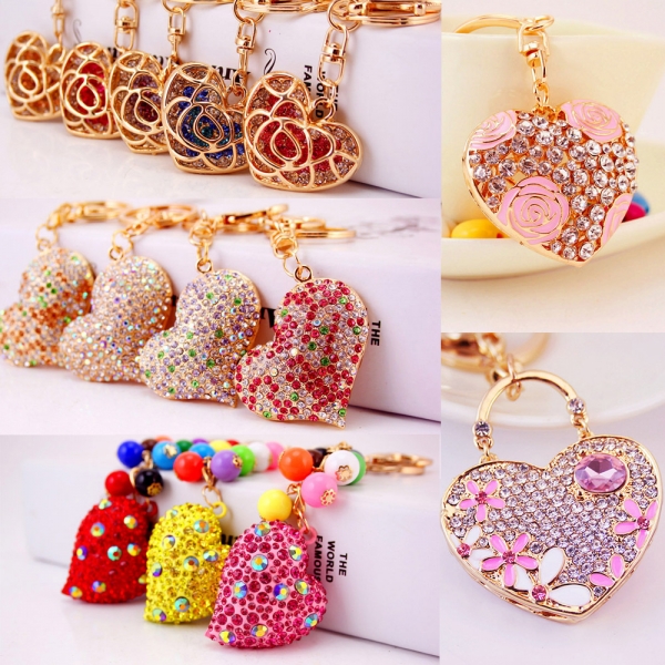 Love Heart Cherry Blossom Flowers Crystal Diamante Bag Charms Handbag Keyrings