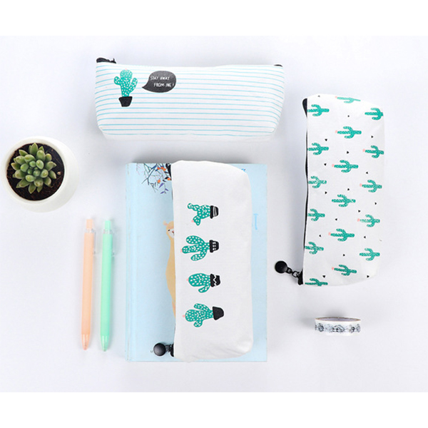 Green Cactus Plants White Canvas Pencil Cases Cute Make Up Bags Pen Pouches