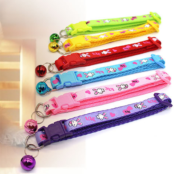 Bunny Rabbits Patterned Cat Collar Adjustable Kitten Puppy Dog Bell Snap Buckle