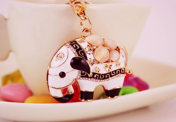 White Elephant Indian Style Crystal Diamante Bag Charms Handbag Keyrings Pendant