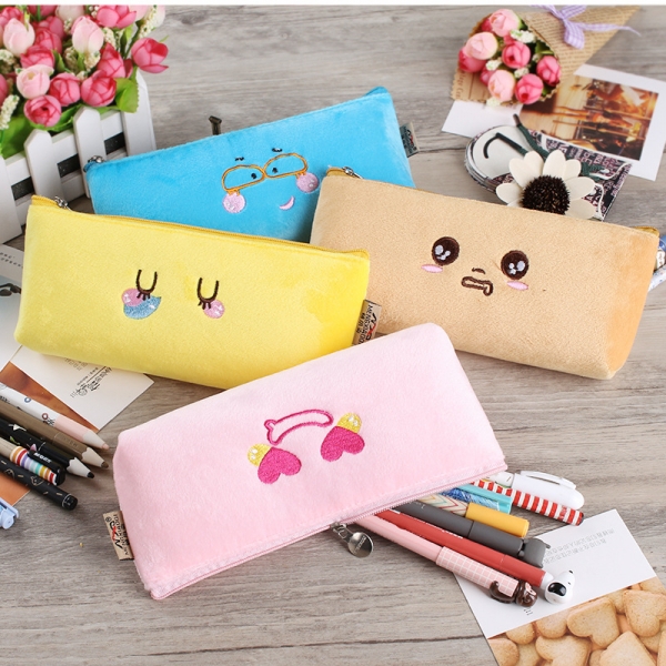 Cute Emoji Face Soft Suede Pencil Cases Cosmetics Make Up Bags Pen Pouches