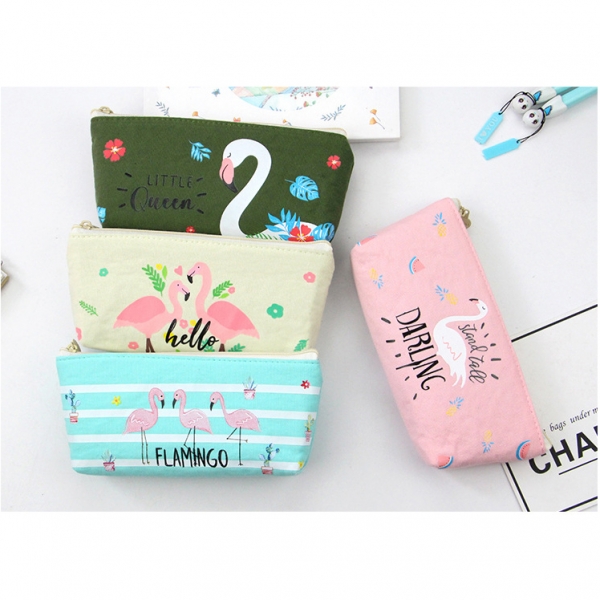 Flamingo Wild Animals Canvas Cute Pencil Cases Cosmetics Make Up Bags Pen Pouches