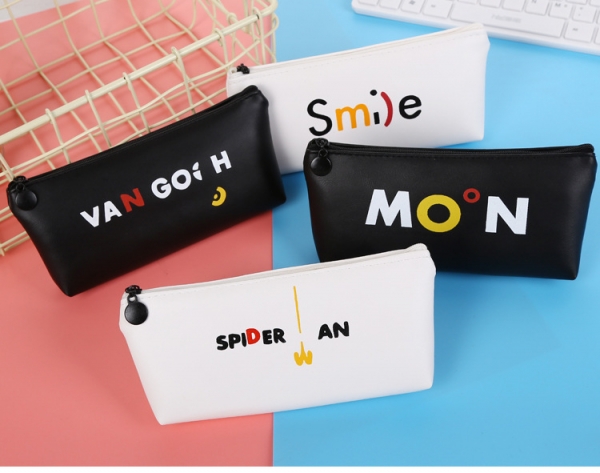 Black White PU Leather Cute Pencil Cases Cosmetics Make Up Bags Pen Pouches