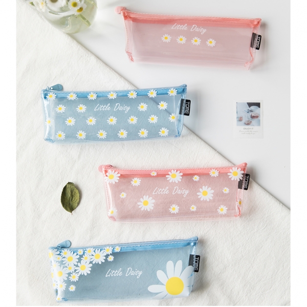 White Daisy Flowers Cute See Through Floral Pencil Case Girls Fashion Makeup Bag