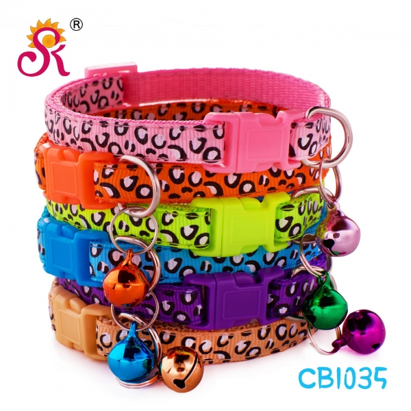 Leopard Skin Patterned Adjustable Kitten Cat Collar With Bell And Snap Buckle