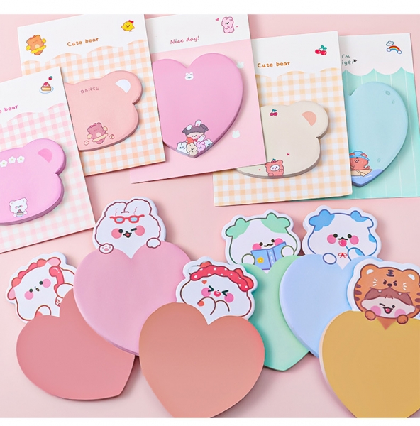 Heart Shaped Animals Print Pink Blue Green Coloured Cute Sticky Notes Pad